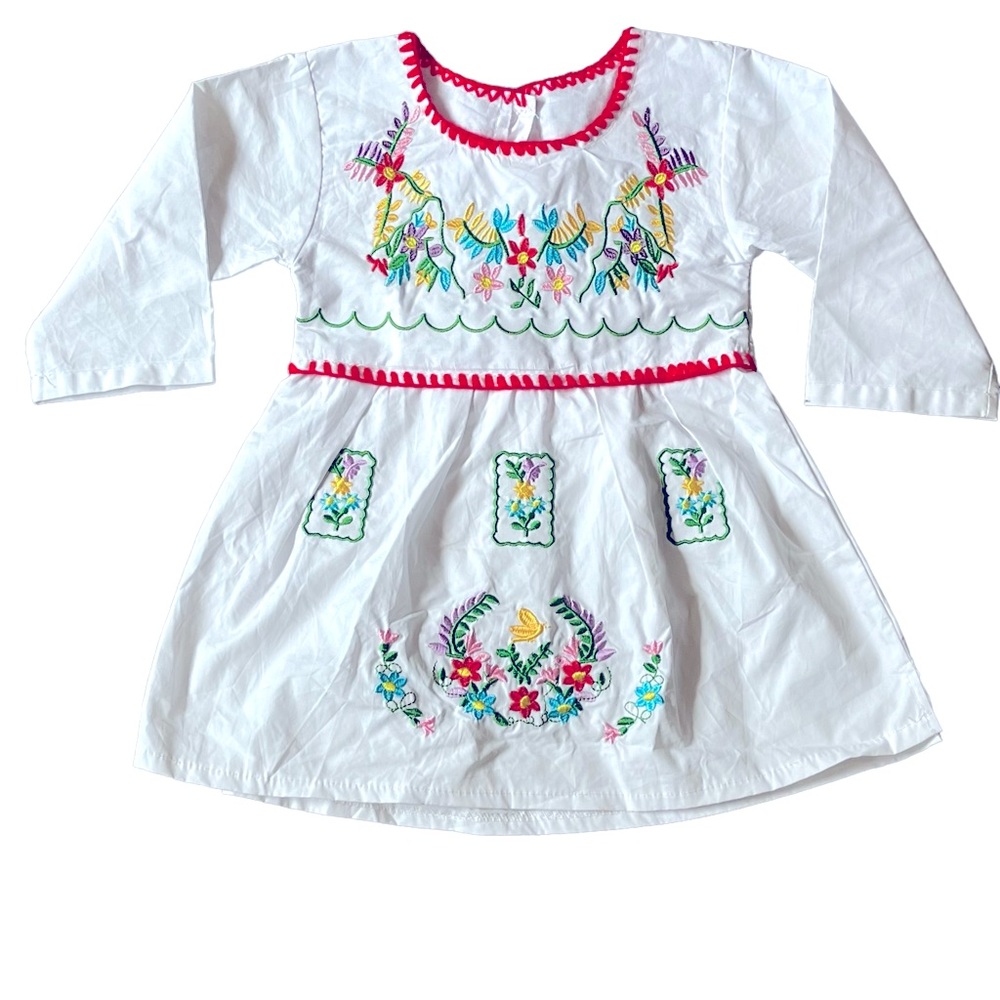 Traditional toddler Mexican dress white with multi color embroidery long sleeve